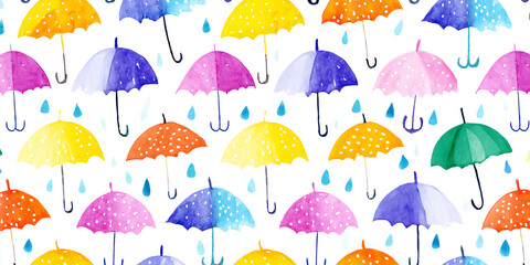 Obraz premium カラフルな雨傘と水滴を描いた水彩シームレスパターン｜梅雨シーズン・雨の日の風景・子ども向けデザイン・壁紙・包装紙・手描きタッチ・レイニーシーン背景素材
