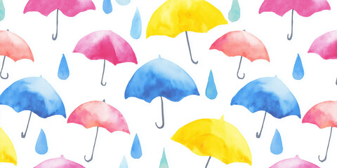 カラフルな雨傘と水滴を描いた水彩シームレスパターン｜梅雨シーズン・雨の日の風景・子ども向けデザイン・壁紙・包装紙・手描きタッチ・レイニーシーン背景素材