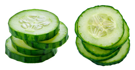 group of slices of cucumber in different angle view isolated on white background