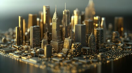 A stylized, metallic cityscape model gleams with internal golden lights, suggesting a futuristic or luxurious metropolis