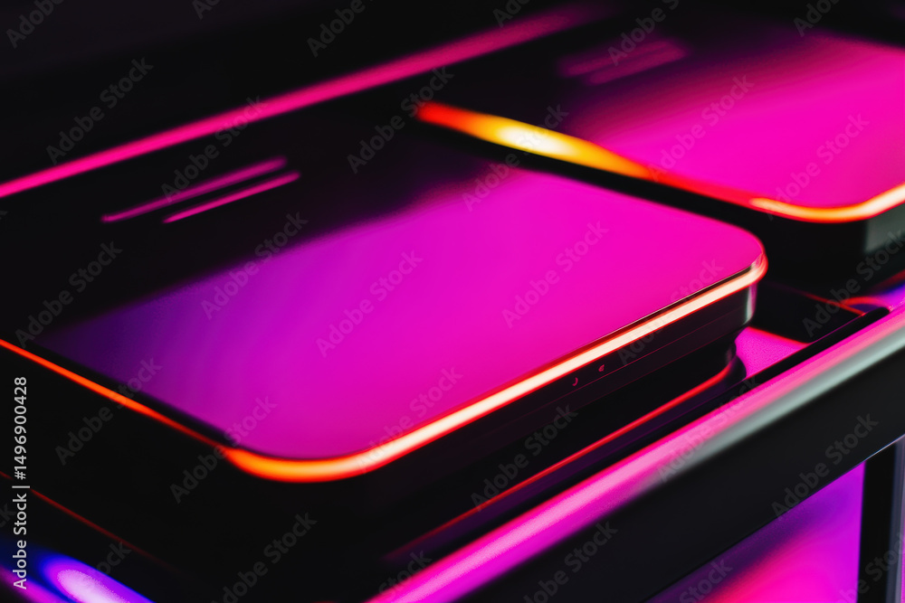 Poster sleek tech design with neon lights. abstract view of high-tech devices with neon lighting on a sleek