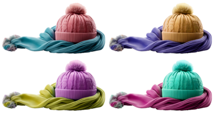 warm winter hats and scarf collection isolated on white background