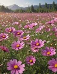 Fototapeta premium Vast field of vibrant cosmos flowers swaying gently in the breeze , macro, red, botany