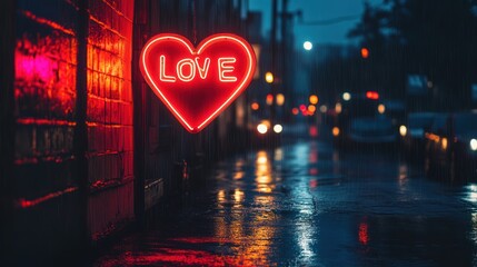 Neon Love Heart Reflecting on Wet Urban Street during a Rainy Evening