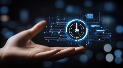 A hand hovers over a glowing, futuristic digital timer interface, suggesting technological control of time or processes