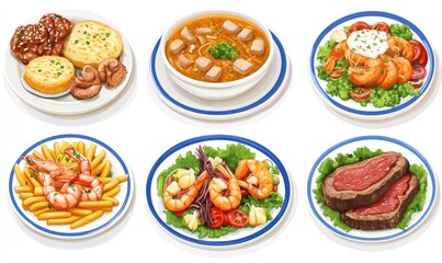 Assorted food dishes, including a variety of soups, sides, and entrees, presented on plates