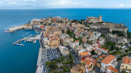 Obraz premium Aerial view of the historic center of the town of Gaeta, overlooking the Mediterranean Sea. It is a famous tourist destination in the province of Latina, Lazio, Italy.