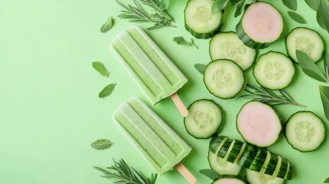 Cucumber mint popsicles with fresh rosemary and sage on green background