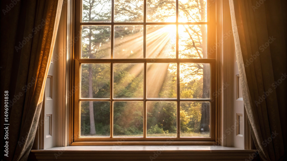 Poster beautiful window view with sunlight streaming through, creating warm and inviting atmosphere. rays o
