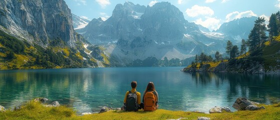 Couple enjoying serene mountain lake view, breathtaking Alps panorama, peaceful nature escape, summer adventure.