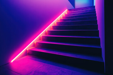 Obraz premium Neon Lit Staircase Design. A modern staircase design with vibrant pink and purple neon lighting, creating a futuristic architectural aesthetic.