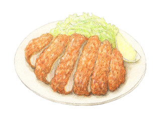 皿盛りのとんかつ　手描き　水彩
