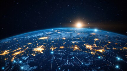 Earth from Space at Night with City Lights and Sunrise Concept Illustration