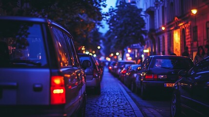 Night street with parked cars, and city.