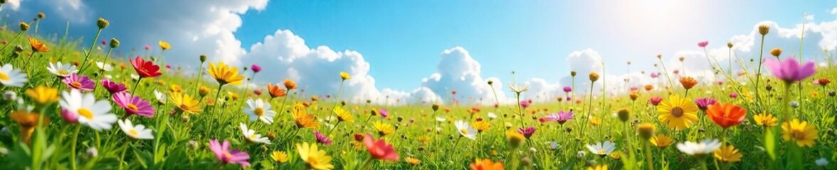 A vibrant blooming meadow bursting with wildflowers under a bright spring sky, perfect for a picnic or leisurely stroll  Ideal for travel, nature, and springtime themes ,  flora,  blossom