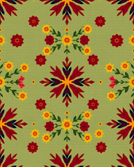 Scandinavian embroidery pattern with golden flowers and crimson star motifs.