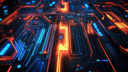 Abstract Futuristic Circuit Board Design with Vibrant Neon Illumination