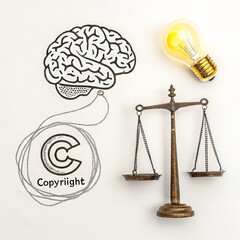 A minimalist illustration of a brain, a copyright symbol, a light bulb, and legal scales in balance