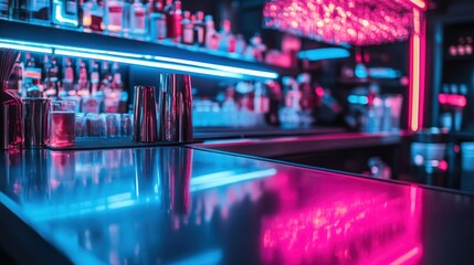Vibrant night bar scene with neon lights reflecting on a sleek countertop
