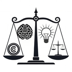 A minimalist illustration of a brain, a copyright symbol, a light bulb, and legal scales in balance