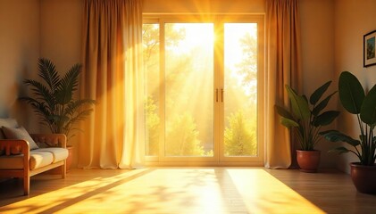 Sunlight streams through a large window, illuminating a bright and airy interior space  Dust motes dance in the golden rays, creating a feeling of warmth and openness ,  interior,  bright