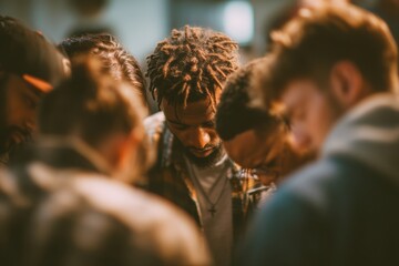 Obraz premium Diverse Group of People Praying Together in Unity, Representing Faith, Community, and Spiritual Support for Mental Wellness and Teamwork : Generative AI