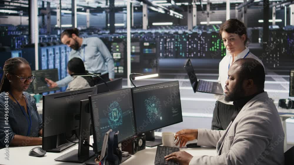 Poster happy data center manager providing positive feedback to engineer developing neural networks softwar