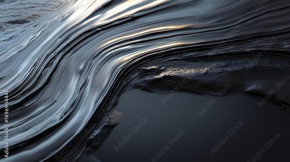Poster slow moving heavy liquid with deep colors and metallic glow spreads across rough textures emphasizing shadow contrast and fluid dynamics