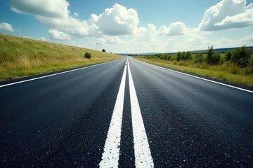 Fototapeta premium A crisp, clean white line painted on a dark asphalt road, stretching towards the horizon Perfect for concepts of direction, journey, or simplicity , movement, paint
