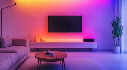 Modern living room with flat-screen TV, ambient color-changing LED strip lights, cream sofa, and wooden coffee table, creating a relaxing atmosphere