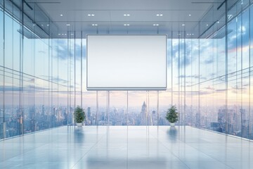 Modern office space with city view and blank display