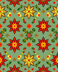Obraz premium Scandinavian embroidery pattern with golden flowers and crimson star motifs.