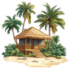 Tropical Beach Hut Idyllic Island Paradise Getaway Wooden Bungalow Palm Trees Summer Vacation Exotic Coastal Retreat Tranquil Scene Peaceful Escape Relaxing Holiday Dream Destination Beautiful Nature 