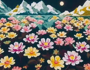 Obraz premium colorful seamless pattern with flowers background landscape sea and mountain