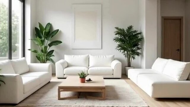Interior shot of a modern living room with large windows, clean white furniture, indoor plants, and minimalistic decor