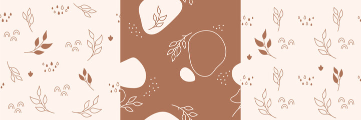 A set of four minimalistic children's patterns.. The repeated images contains colored elements, twigs, raindrops, rainbows and lines of different shapes.