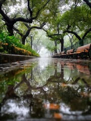 Serene Park Pathway Reflected in Water After Rainy Day