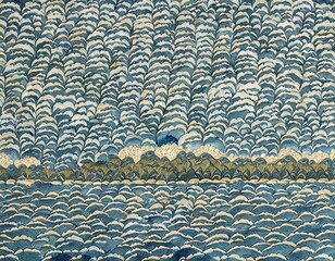 Artistic blue wavy sea drawing and mountains.