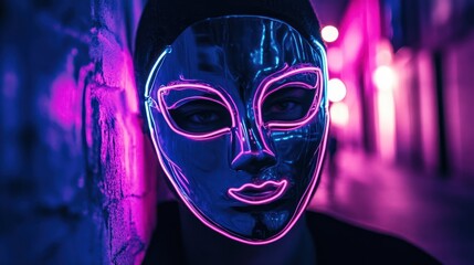Luminescent Masquerade: Neon Reflections in a Cyberpunk Alleyway Enigmatic Figure