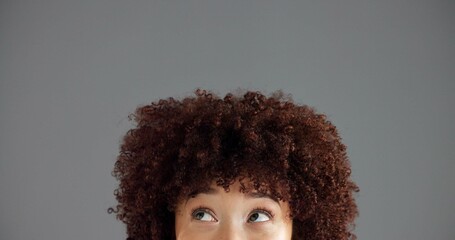 Woman, face and eyes with thinking closeup, ideas or solution with problem solving for...