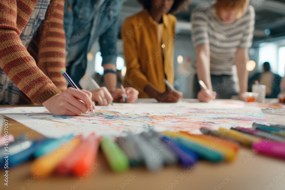 Poster group of diverse people drawing together on large paper, illustrating collaboration and creative tea