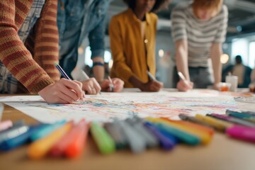 Obraz premium Group of Diverse People Drawing Together on Large Paper, Illustrating Collaboration and Creative Teamwork in a Modern Office Environment for Business Solutions : Generative AI