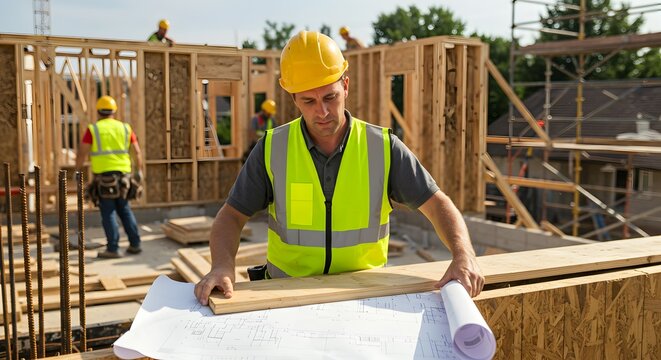 Construction Site Supervisor Reviewing Blueprint Plans Home Building Project, Skilled Worker Inspecting Detailed Drawings, Residential Construction, New Home Development, Professional Builder