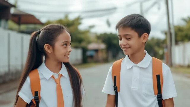 Two young boys are smiling and walking down the street. They are wearing school uniforms and backpacks
