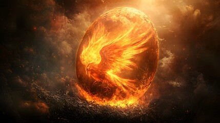 Vibrant phoenix egg with fiery light pulsating on ashes feathers of flame rising in a magical rebirth setting