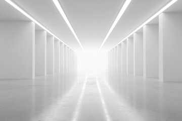 White, minimalist interior hallway with glowing lines