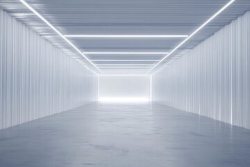 Empty, white, futuristic tunnel with glowing lines