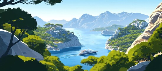 Mediterranean coast scenery with yacht, lush vegetation and mountain backdrop