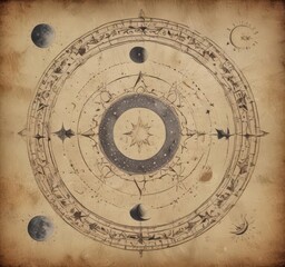 Whimsical star & moon phases on antique parchment, art, milky way