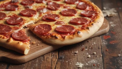 A rustic wooden board holds a delicious pepperoni pizza, cheese bubbling , comfort food, delicious, gastronomy